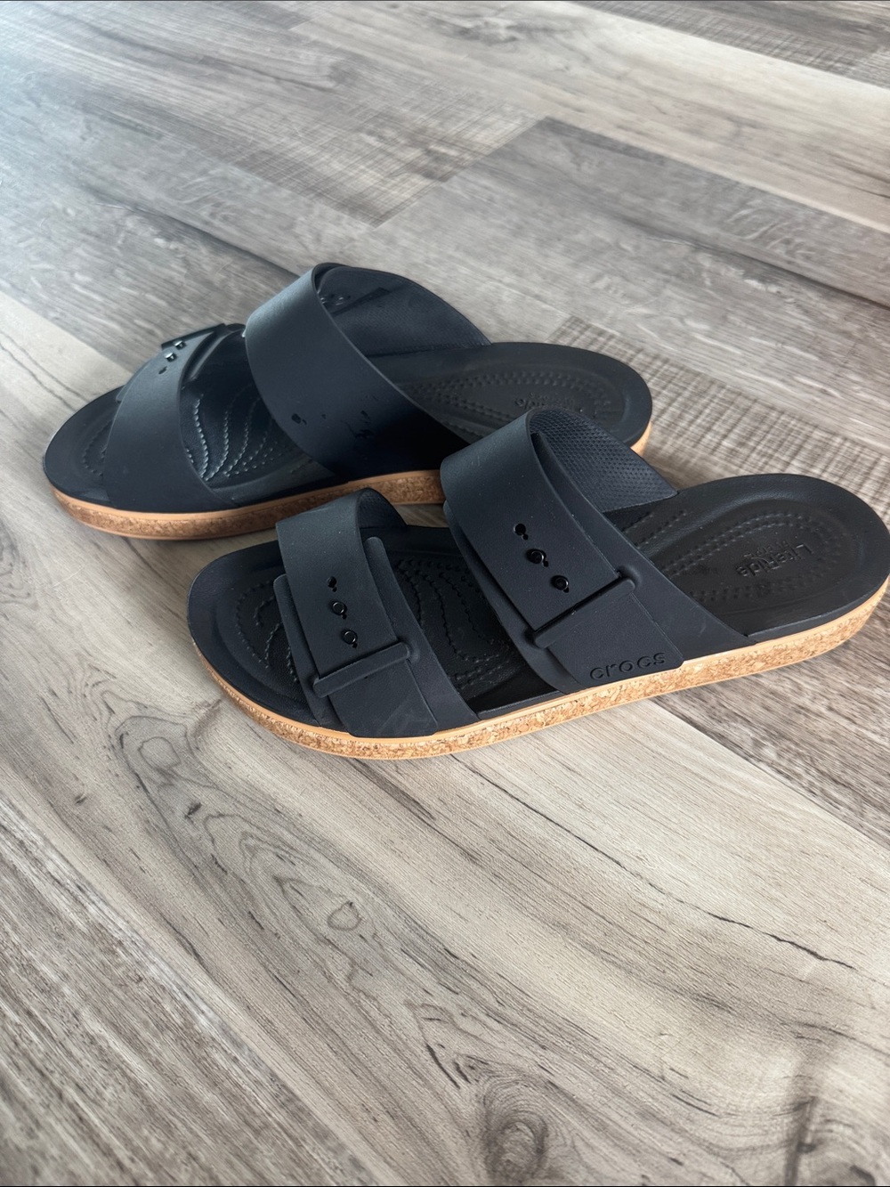 CROCS Black Double-Strap Slide Sandals with Cork-Look Sole - Picture 2 of 6